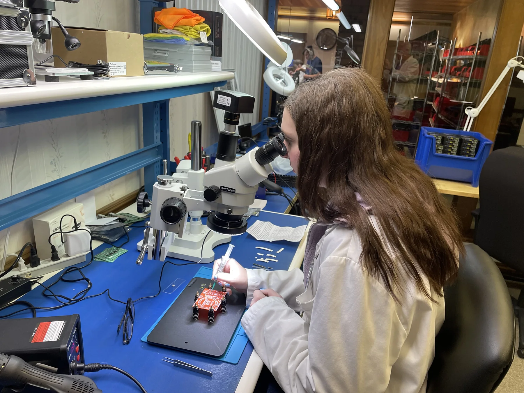 Close view of electronics manufacturing and inspection equipment in the Swann Technologies lab
