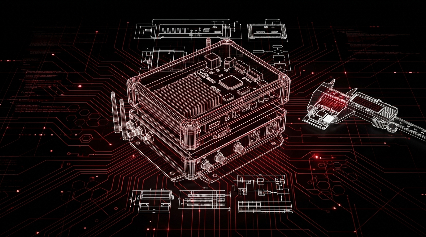 Technical concept design visualization with red and white blueprint overlays