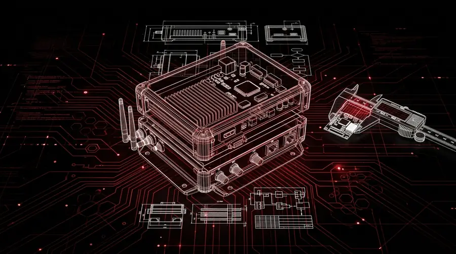 Technical concept design visualization with red and white blueprint overlays