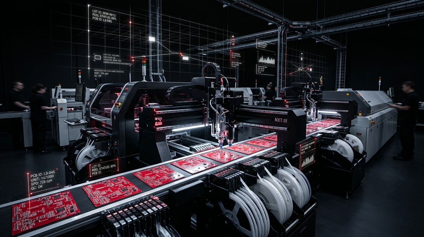 Mass production PCB manufacturing line with red and white technical overlays