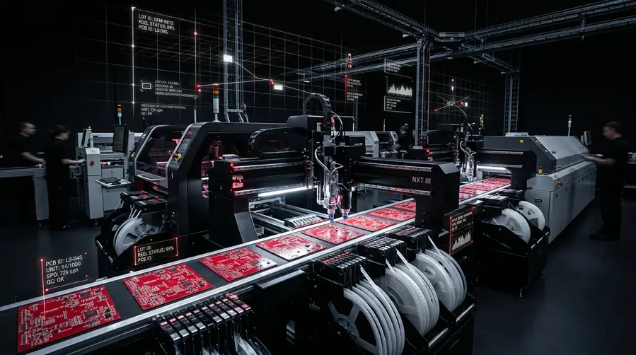 Controlled PCB production line with red and white technical overlays