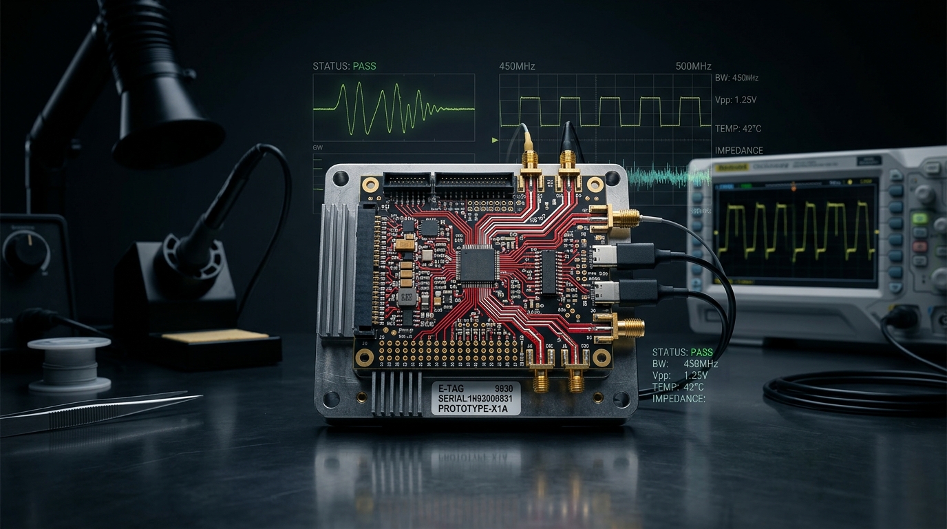Prototype electronics workbench with PCB and diagnostic overlays