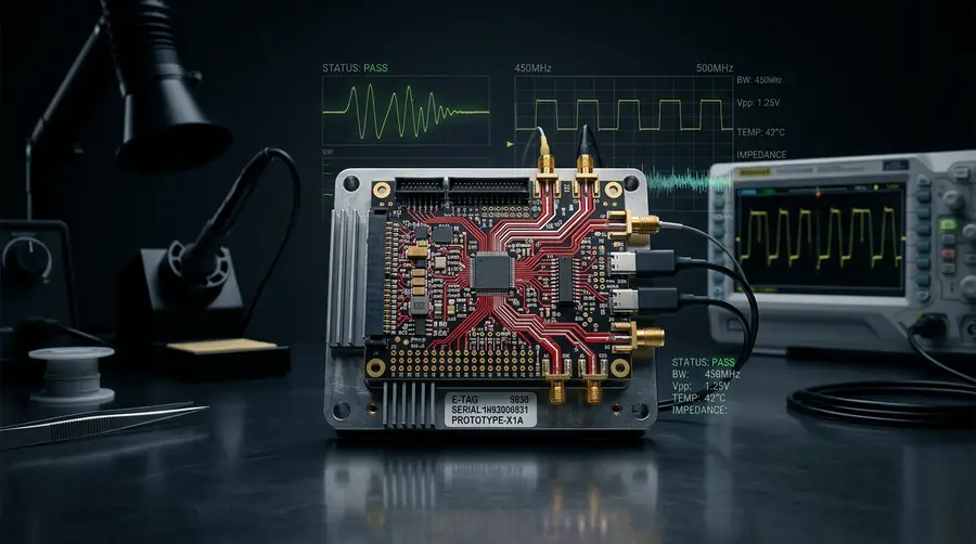 Prototype electronics workbench with PCB and diagnostic overlays